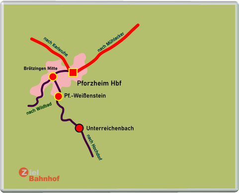 Pforzheim Hbf Pf.-Weißenstein Unterreichenbach nach Wildbad nach Hochdorf Brötzingen Mitte nach Mühlacker nach Karlsruhe