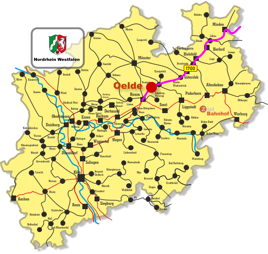 Unna-Königsborn Letmathe Iserlohn Castrop- Rauxel Unna Himmighausen Rheydt Remscheid Bergisch Gladbach Bocholt Borken Dorsten Wesel Xanten Mönchengladbach Kleve Viersen Emmerich Münster Warburg Altenbeken Paderborn Lippstadt Soest Siegburg Aachen Haan Ratingen Bonn Minden Herford Bielefeld Gütersloh Hamm Dortmund Duisburg Essen Mülheim Oberhausen Bochum Hagen Wuppertal Solingen Düsseldorf Köln Gronau Lünen Bottrop Gladbeck West Herne Reckling- hausen Kaldenkirchen Neuss Krefeld Grevenbroich Horrem Düren Kall Hellenthal Heimbach Linnich Euskirchen Bad Münstereifel Au Marienheide Lüdenscheid Fröndenberg Rüthen Warstein Lippborg- Heintrop Neubeckum Ennigerloh Neuenrade Sundern Neheim- Hüsten Finnentrop Olpe Schwerte Wanne-Eickel Meschede Winterberg Brilon Stadt Brilon Wald Siegen Kreuztal Waldbröhl Osberghausen Betzdorf Daaden Erndtbrück Troisdorf Bad Berleburg Ottbergen Dülmen Coesfeld Löhne Lage Lemgo Brackwede Rheda- Wiedenbrück Bad Rothenfelde Bünde Lengerich Rheine Rahden Hattingen Velbert Rösrath 1700 Nordrhein Westfalen Oelde