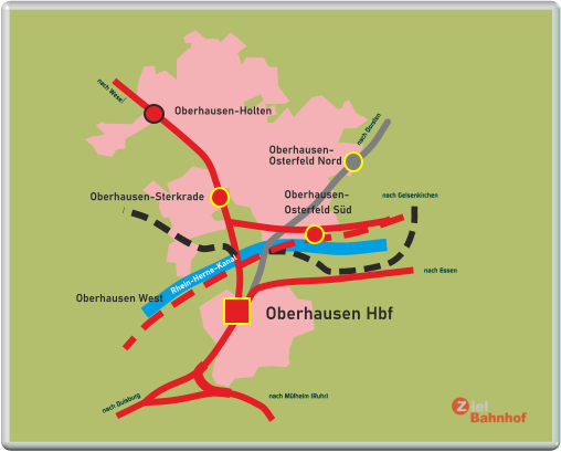 Oberhausen Hbf Oberhausen- Osterfeld Süd Oberhausen-Sterkrade Oberhausen-Holten Rhein-Herne-Kanal nach Wesel nach Duisburg nach Mülheim (Ruhr) nach Essen nach Gelsenkirchen nach Dorsten Oberhausen- Osterfeld Nord Oberhausen West